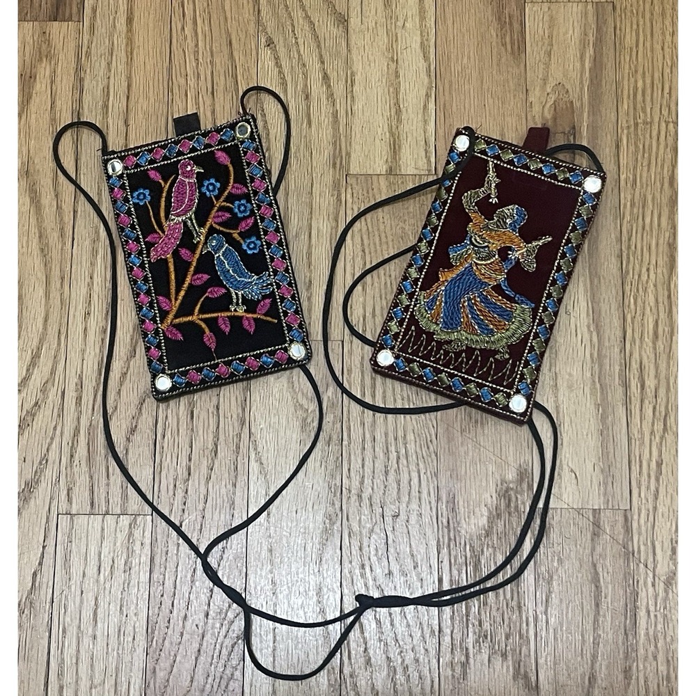 Rajasthani Embroidered Phone Purse Of A Dancer / Tropical BirdsFloral 2pcs